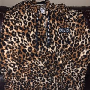 VS Pink Leopard Sherpa Hooded Pullover Size Large